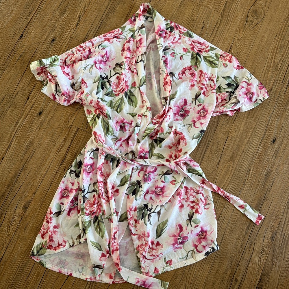 Show Me Your Mumu Brie Kimono Robe Garden of Blooms White Pink Women's OS